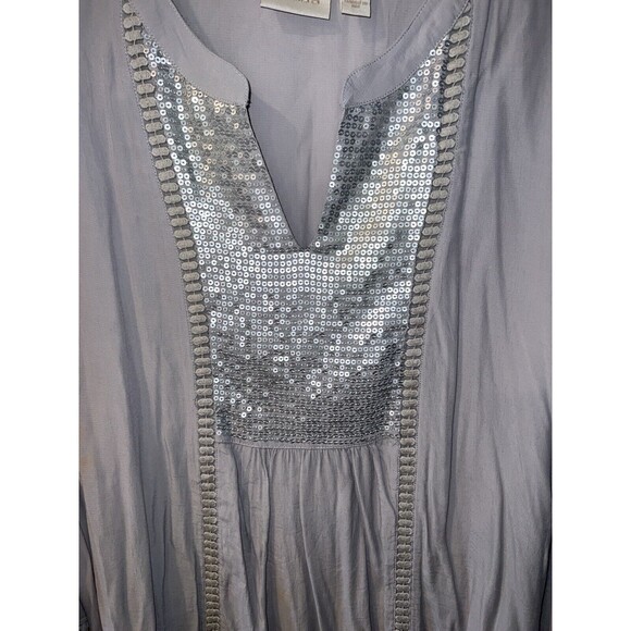 Chicos shirt Womens 2 Sz L Gray Peasant Blouse Sequin Shine Tunic babydoll Glam - Picture 2 of 8